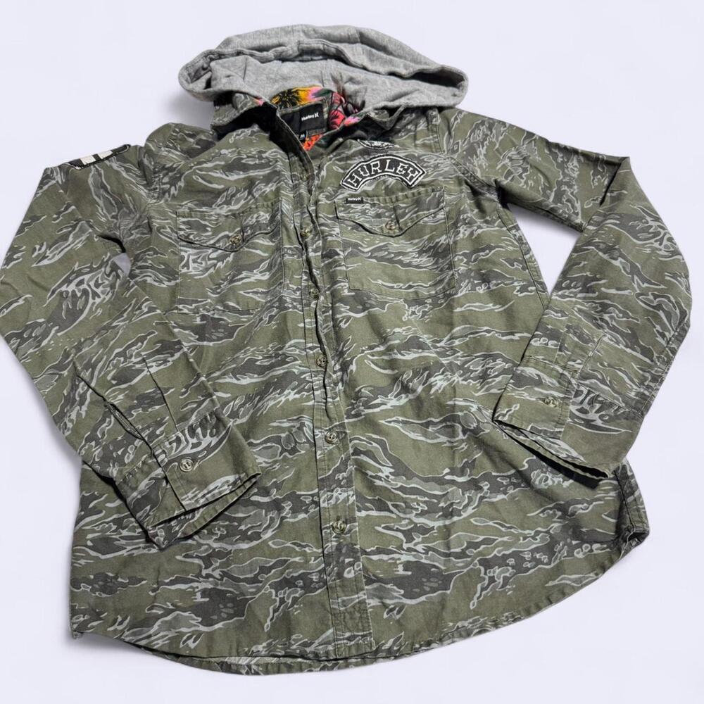 Hurley Green Camouflage Button-Down Hooded Shirt